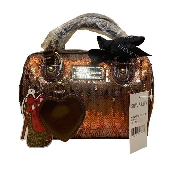 Steve Madden Women’s Bronze Sequins With Heart Charm Mini Barrel Satchel Bag - Picture 1 of 9
